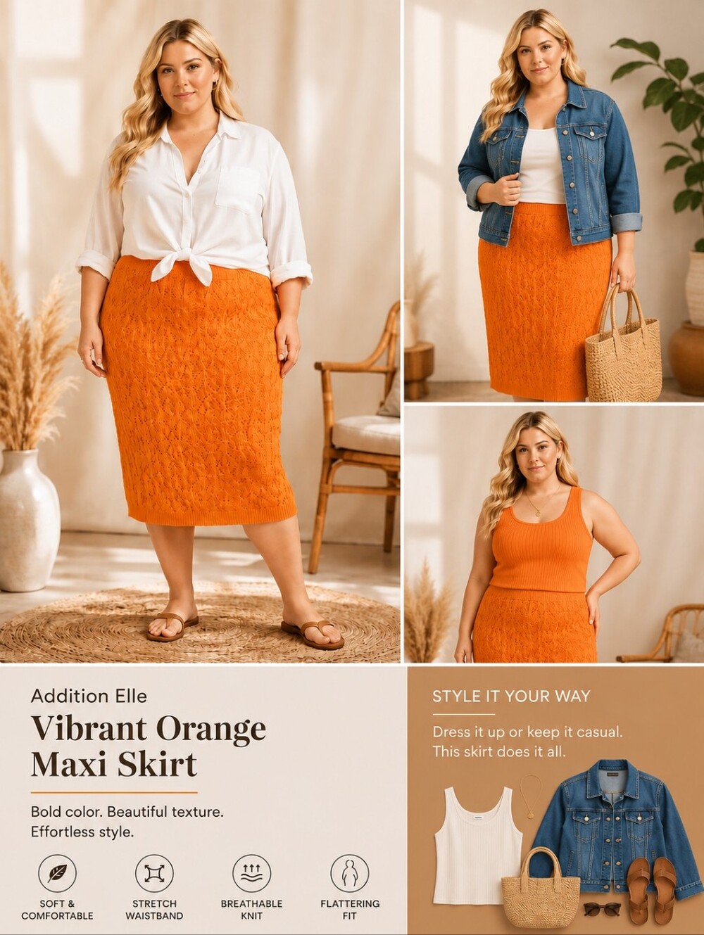 Addition Elle Vibrant Orange Maxi Skirt